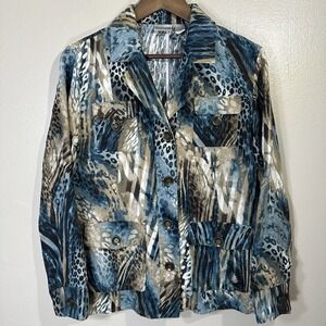 CHICO'S‎ Women's M (1) Abstract Animal Print Shirt Jacket Blue Brown
